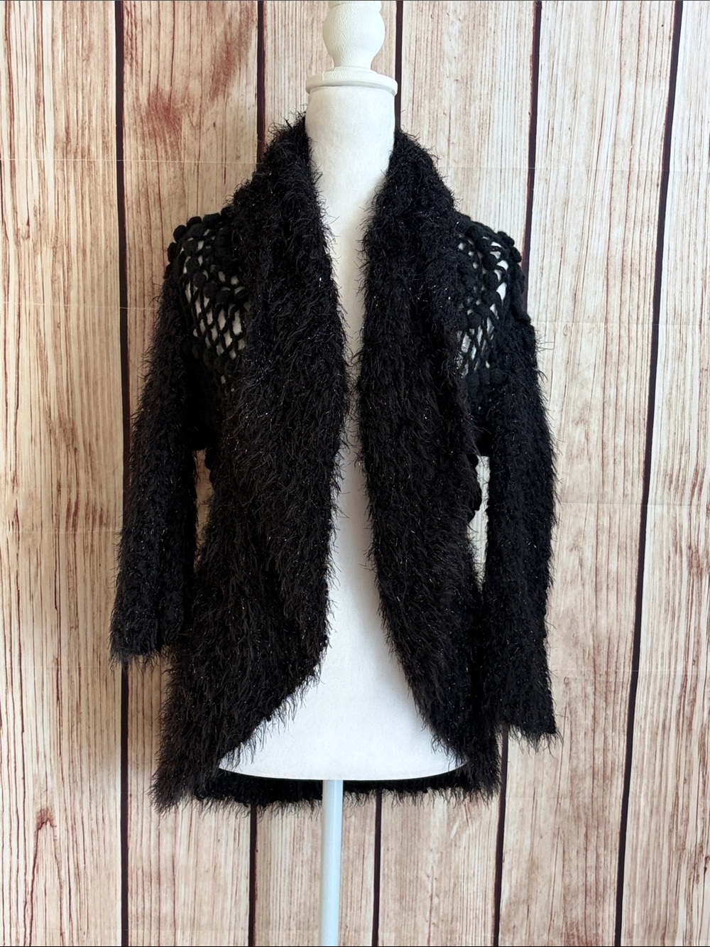 Sioni Black Fuzzy Floral Crochet Macrame Open-Front Women’s Sweater Cardigan